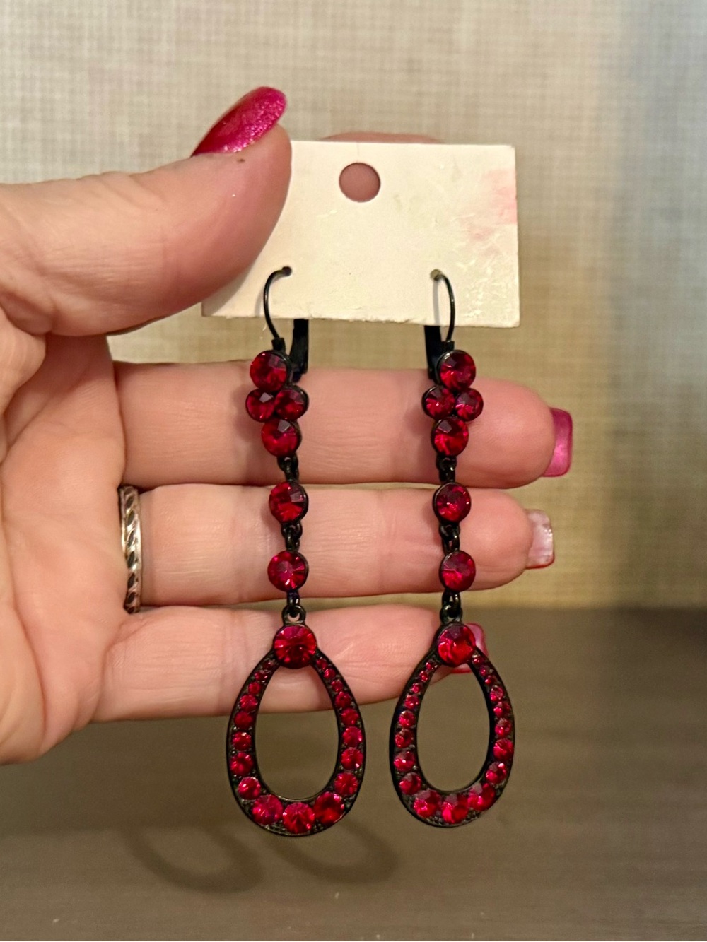 Stunning Black Plated Stainless Red Pave Crystal Shoulder Duster Earrings